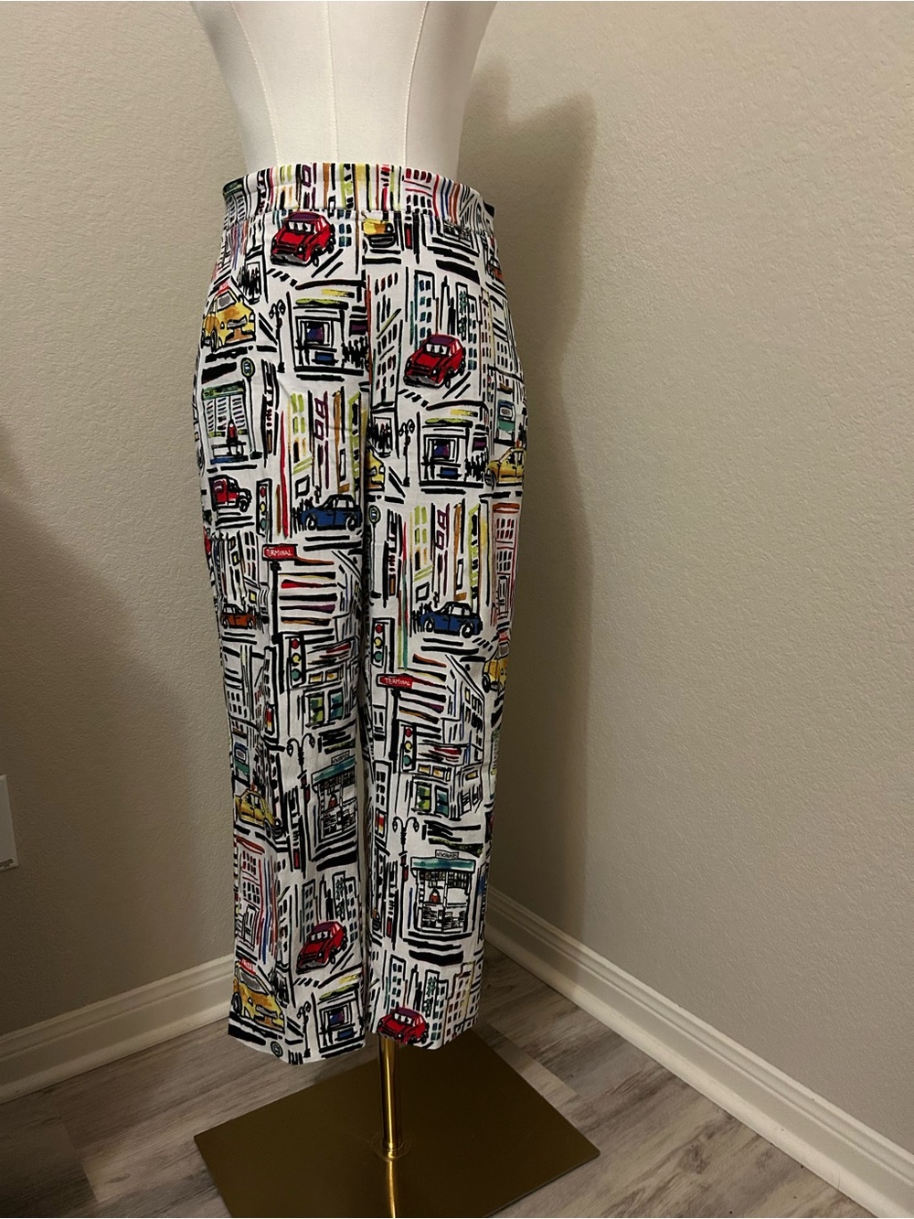 Joseph Ribkoff White Straight-Leg Pants with Multicolor City Print